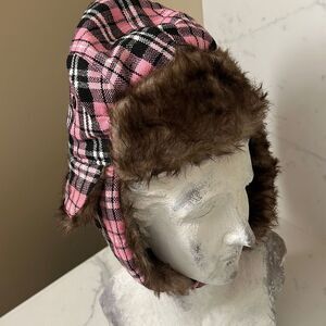 Pink Plaid Faux Fur Winter Hat